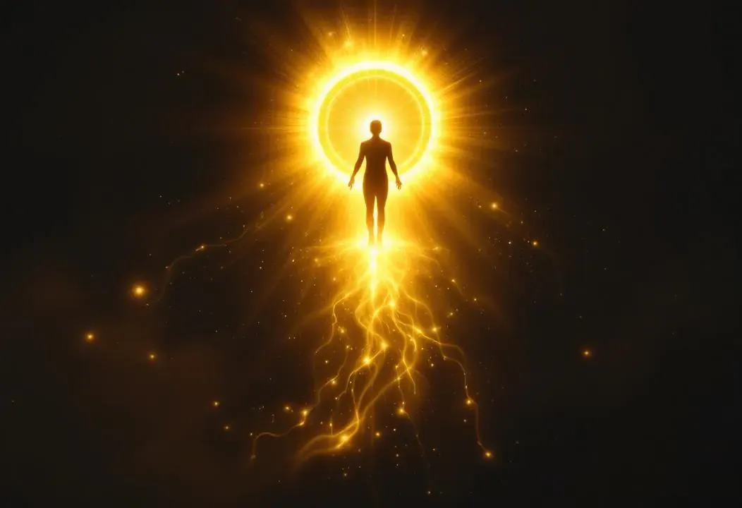 Silueta humana con halo dorado en pecho y cabeza, irradiando luz, símbolo de autoconsciencia.