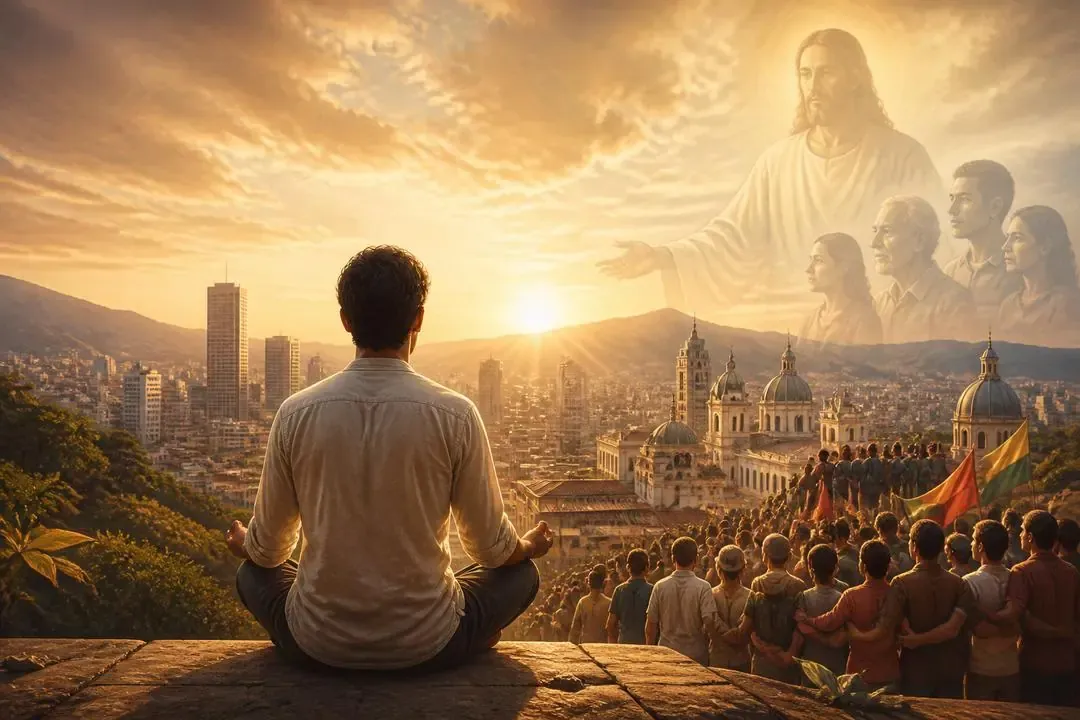 Persona meditando ante una ciudad como símbolo del cambio interior