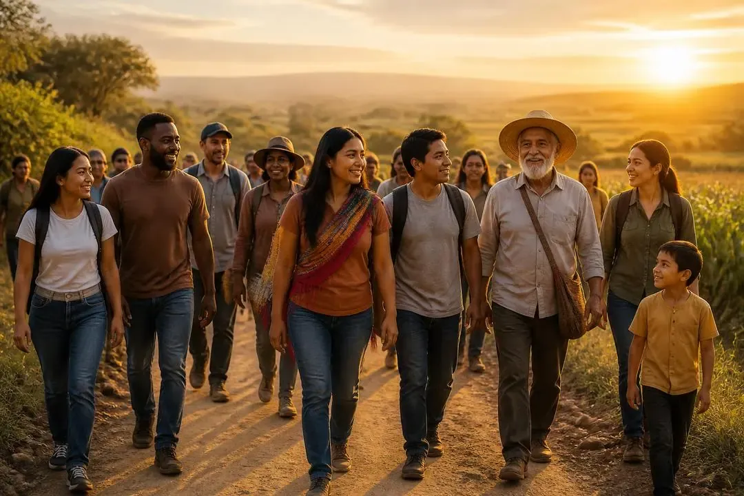 Grupo de personas caminando solidariamente en un paisaje latinoamericano