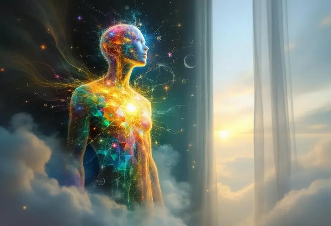 Ilustración del cuerpo físico, cuerpo vital y personalidad desintegrándose tras la muerte según la gnosis.