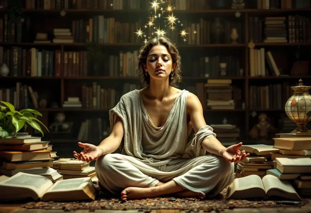 Persona meditando entre libros, buscando conocimiento directo