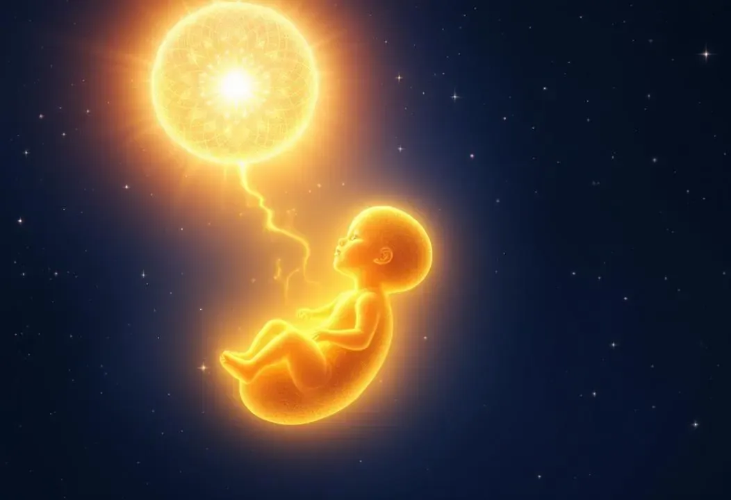 Embrión áureo resplandeciente ascendiendo hacia una luz, uniendo con Super-Alma.