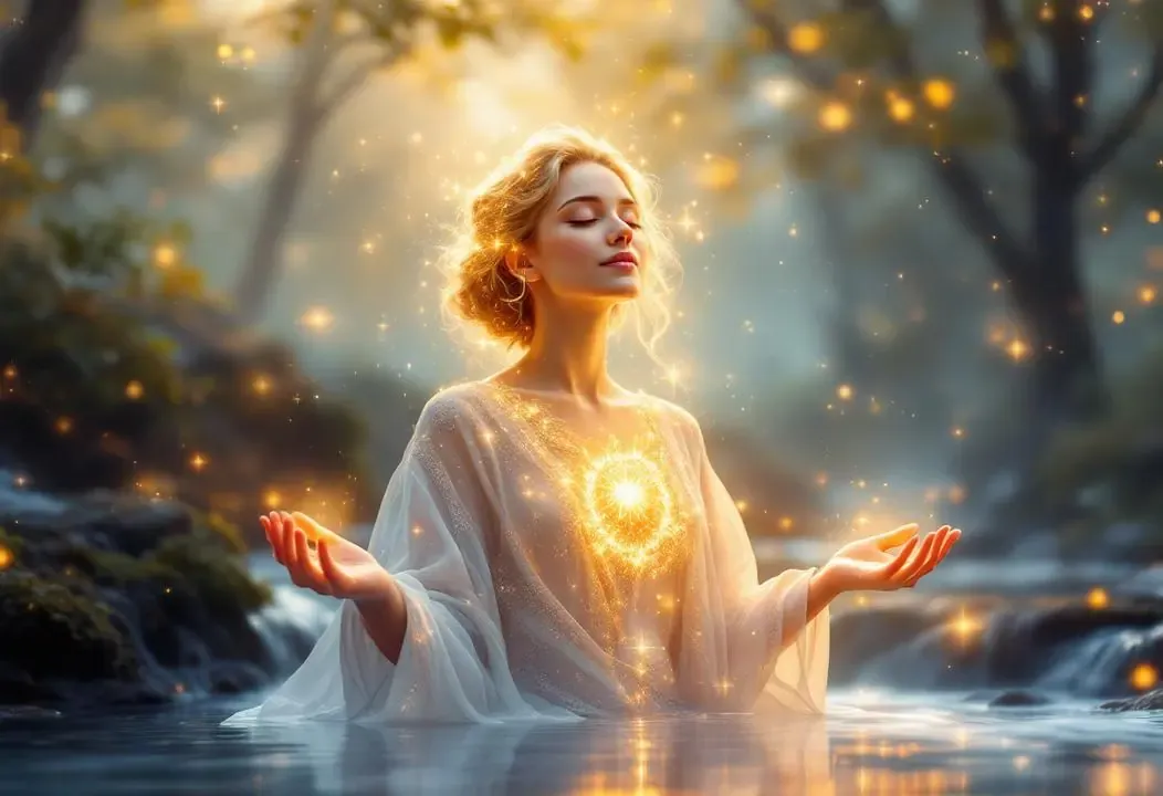 Persona radiante y serena con aura de luz, interactuando armoniosamente con el mundo.