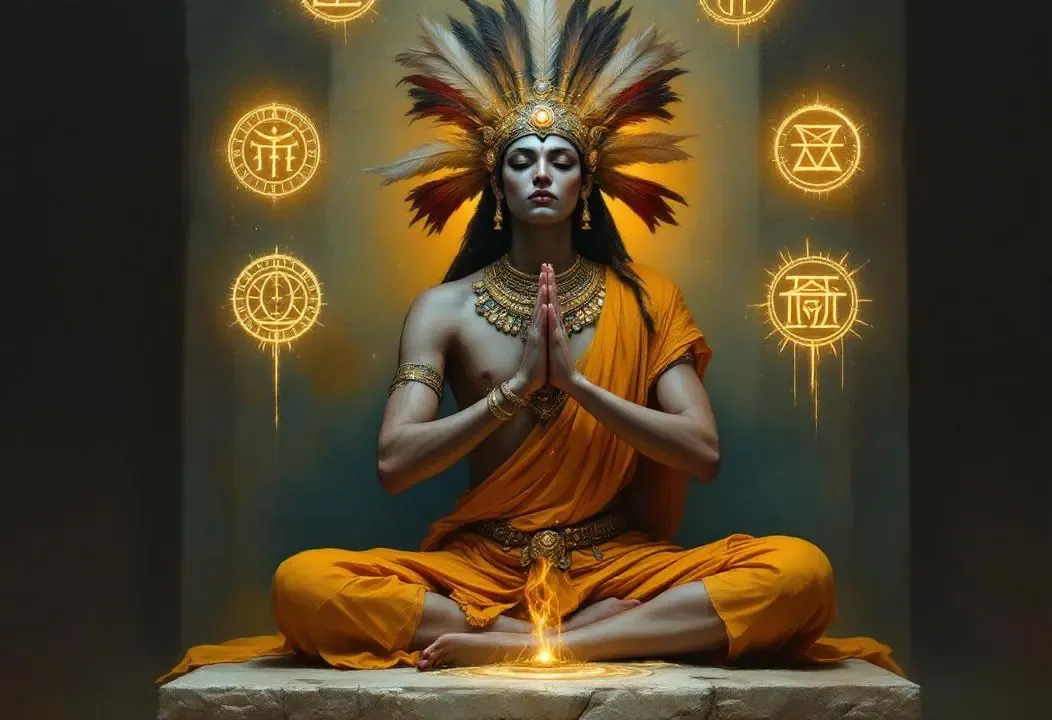 Sabio azteca o yogui tántrico en profunda meditación, custodiando conocimiento ancestral.