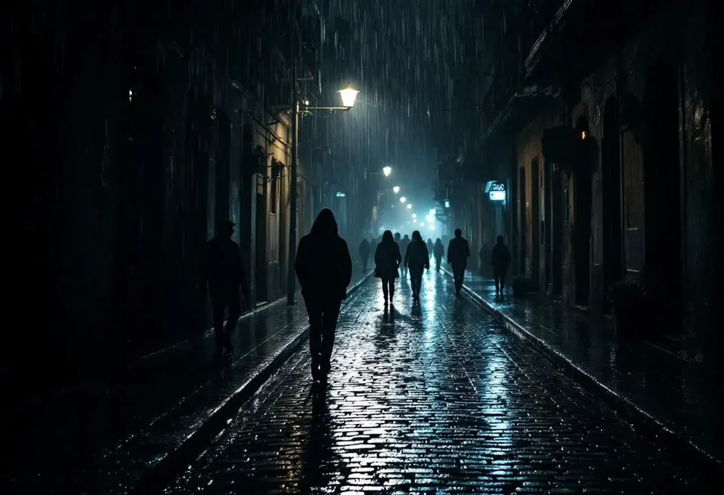 Calle antigua de Bacatá bajo la lluvia, con sombras que sugieren el sutil inicio del vicio del alcohol.