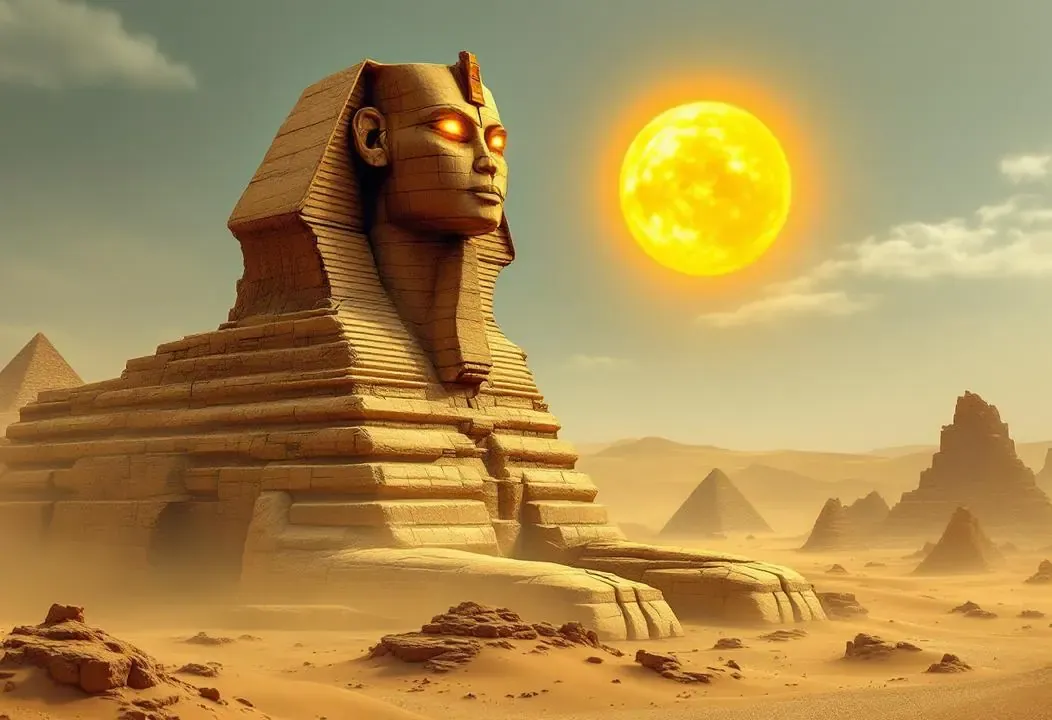 Esfinge elemental y pirámides bajo un sol abrasador en Egipto
