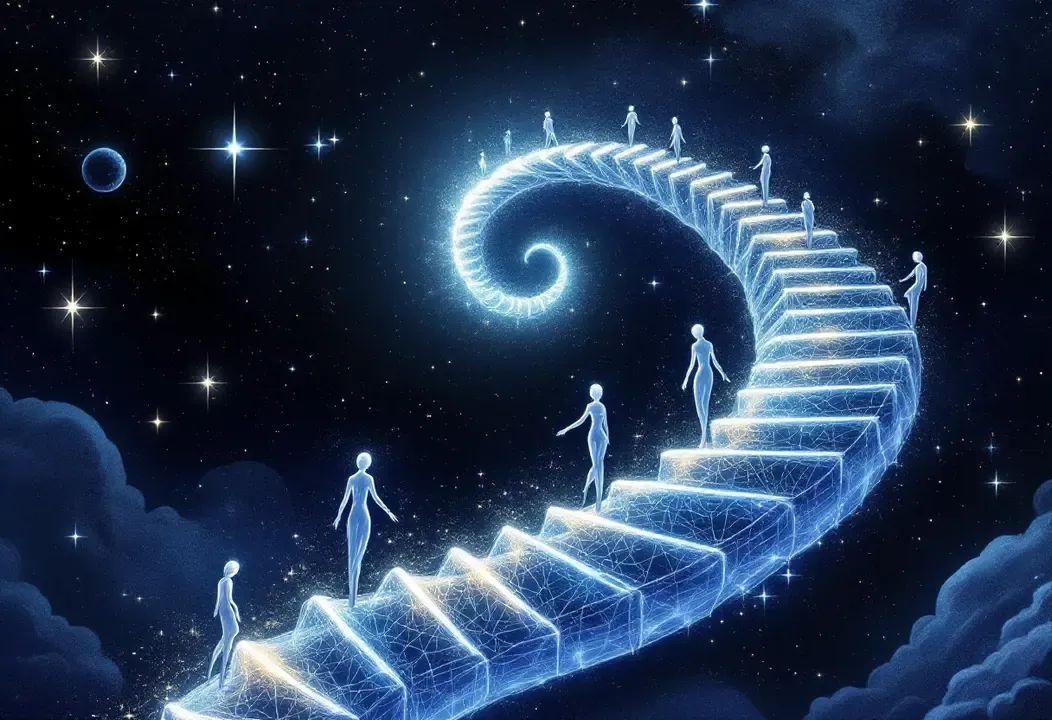 Ilustración mística de una espiral ascendente con figuras, simbolizando el progreso y los ciclos de la Línea Espiral de la Vida.