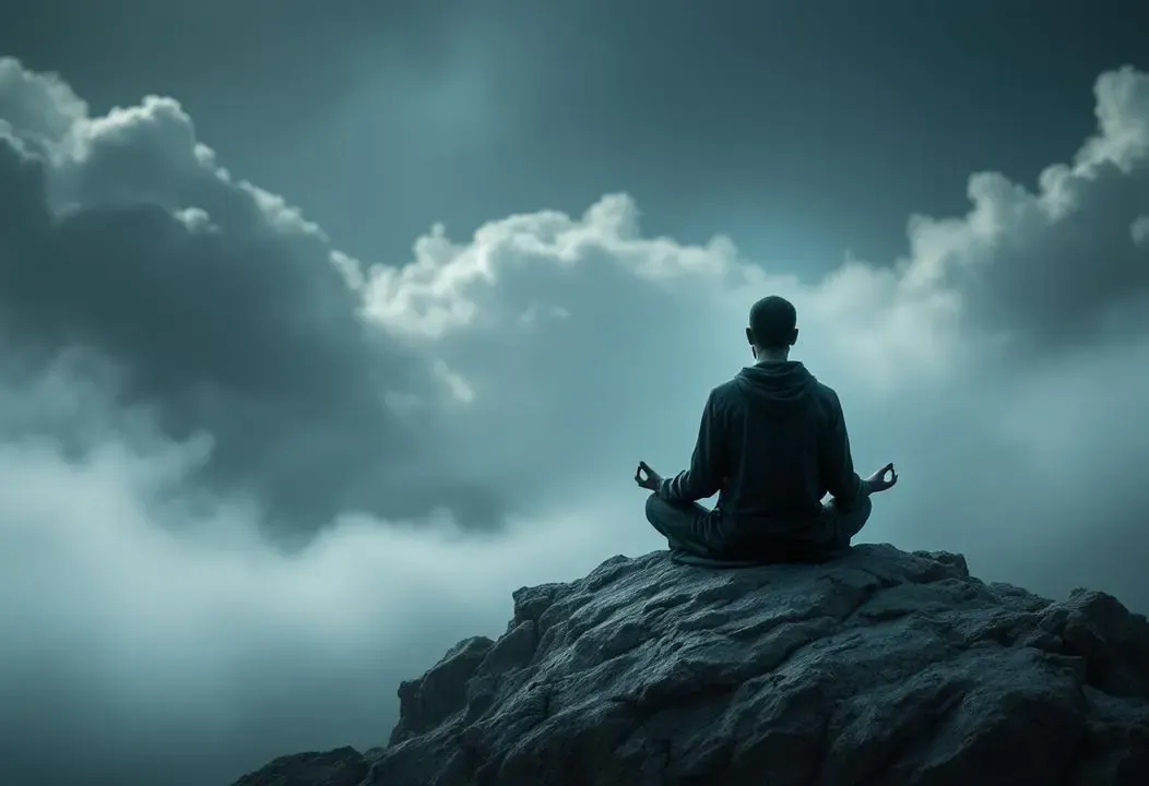 Figura meditando bajo un cielo estrellado, símbolo de la conciencia expandida.