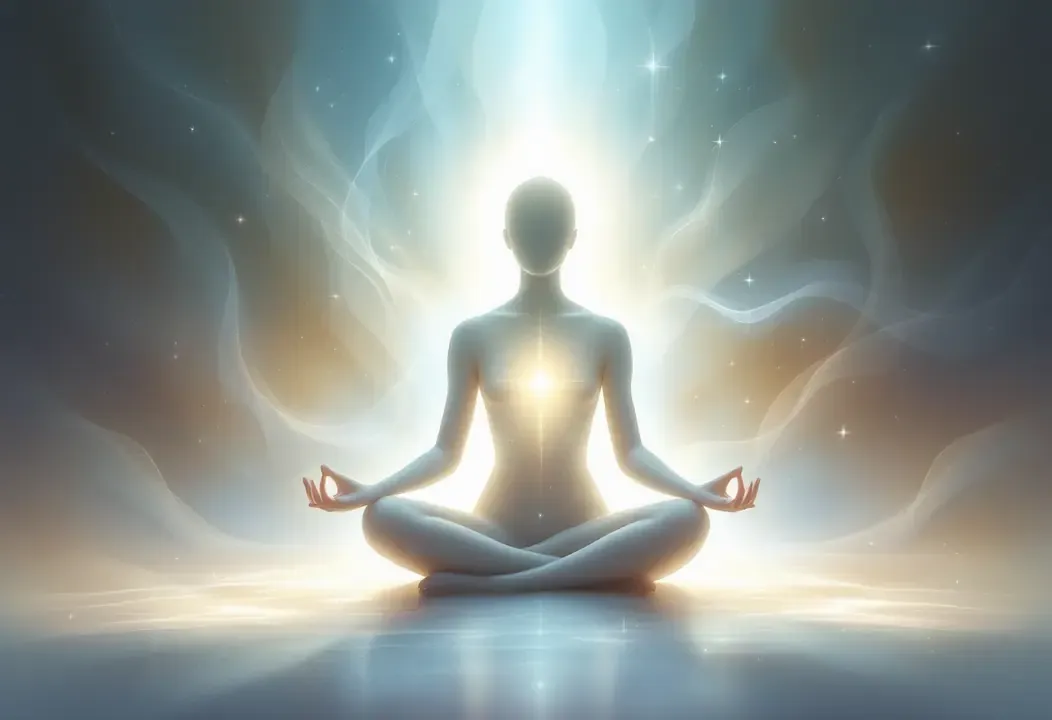 Una figura serena meditando, envuelta en luz, simboliza el despertar y la autoconciencia plena.
