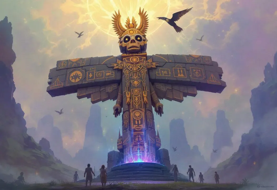 Representación artística del Totemismo con símbolos antiguos, figuras animales y humanas, rodeados de luz etérica que sugiere sabiduría oculta y conexión entre reinos gnósticos.