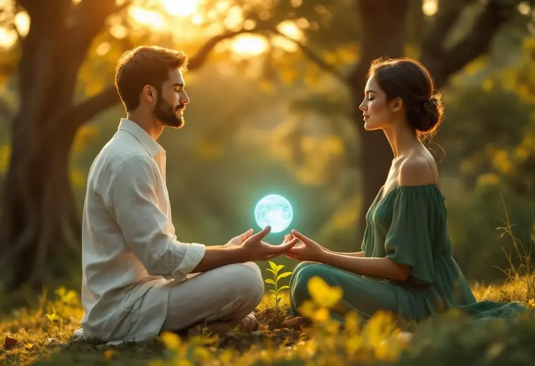 Pareja meditando junta, simbolizando crecimiento espiritual y reproducción consciente.