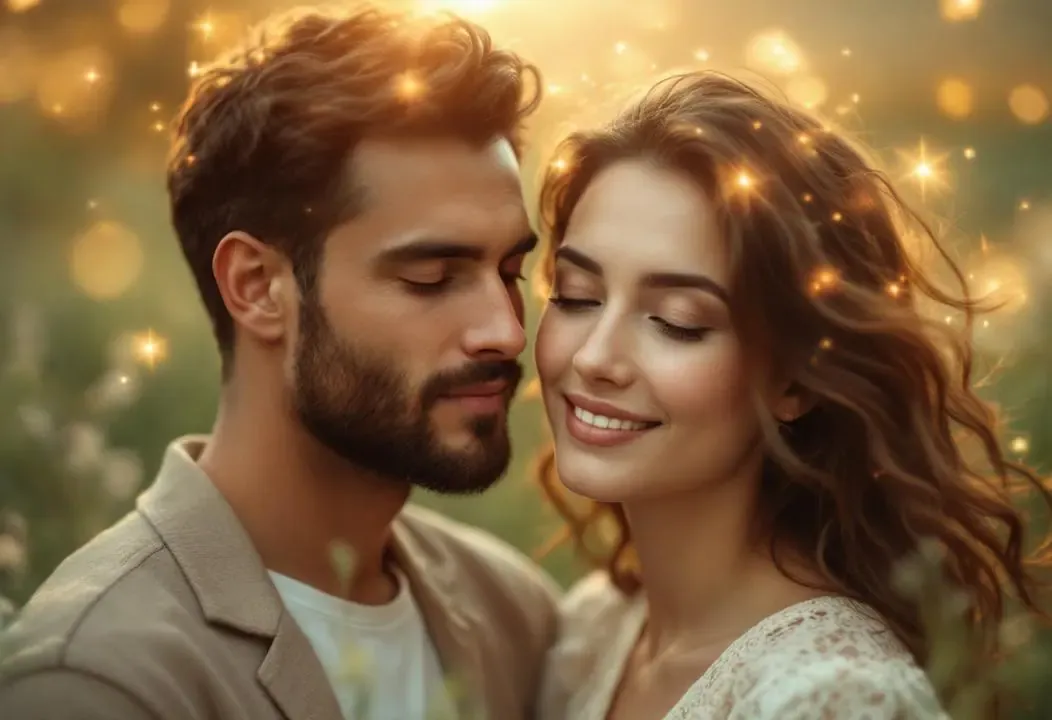 Pareja serena con aura luminosa, simbolizando procreación inteligente.