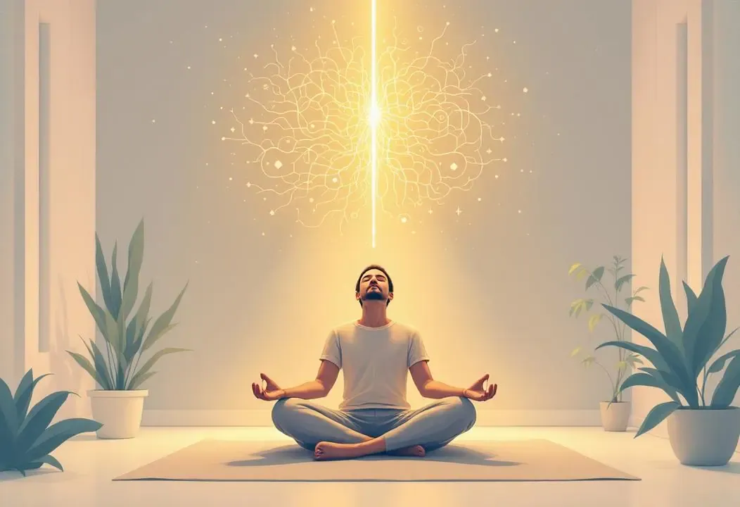 Persona meditando con luz conectando su mente a un mapa interior, simbolizando el autoconocimiento.