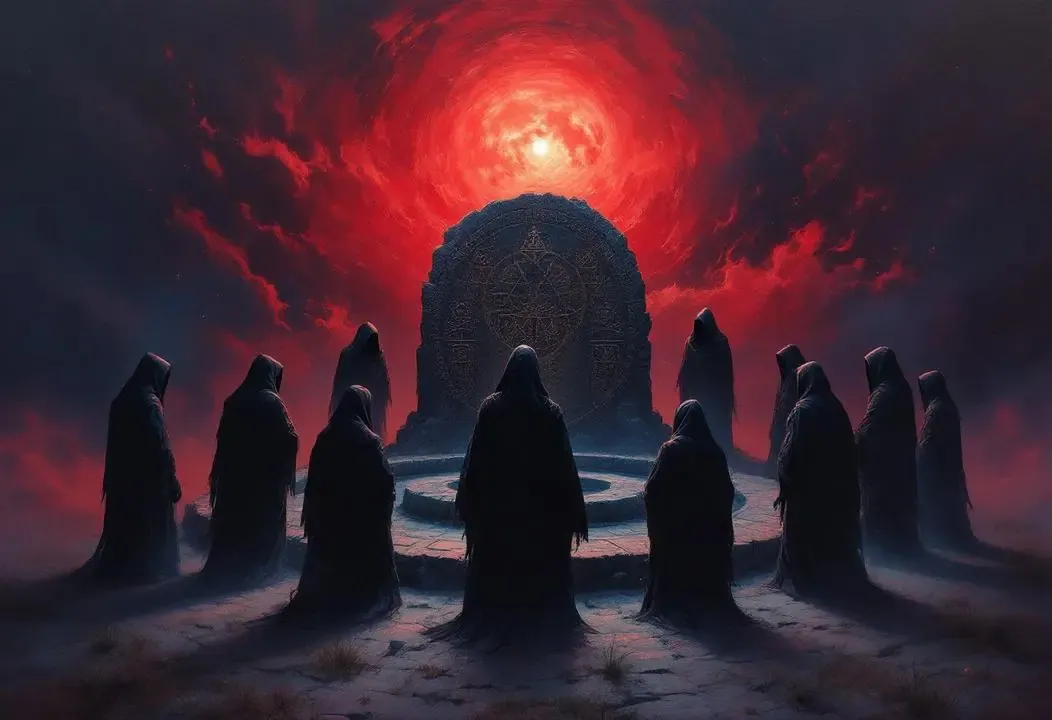 Figuras encapuchadas realizan rito ancestral bajo la luna, simbolizando misterios gnósticos.