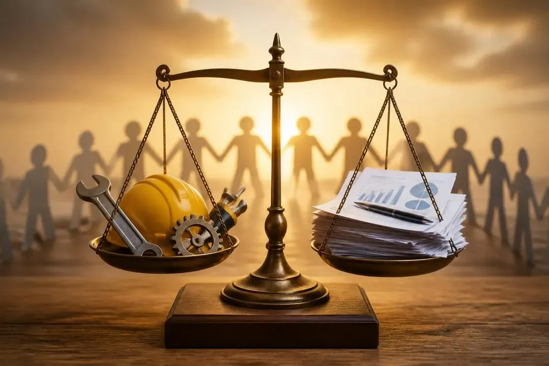 Balanza simbólica equilibrando herramientas de trabajo y documentos financieros
