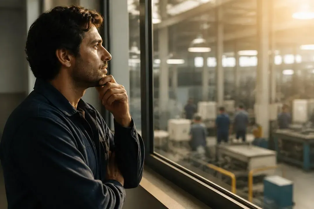 Persona reflexionando en silencio con un taller desenfocado al fondo