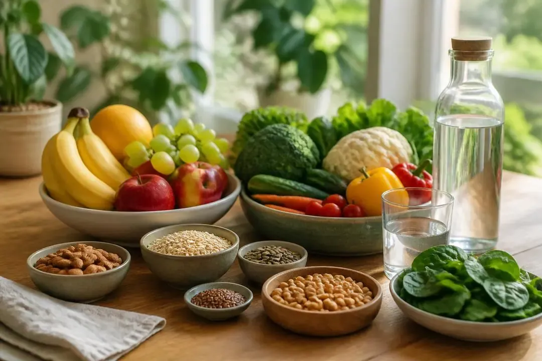 Mesa con frutas, verduras y agua pura como símbolo de alimentación consciente