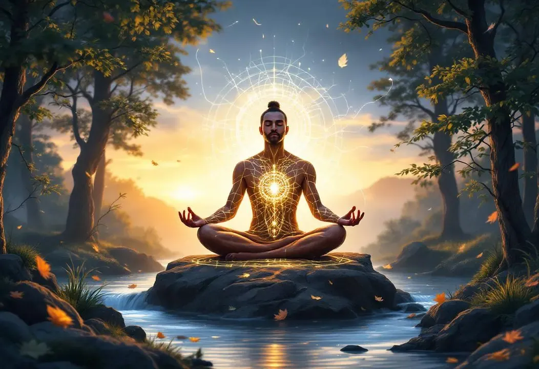 Yogui Bhusunda meditando con elementos naturales, mostrando poderes Tattvicos
