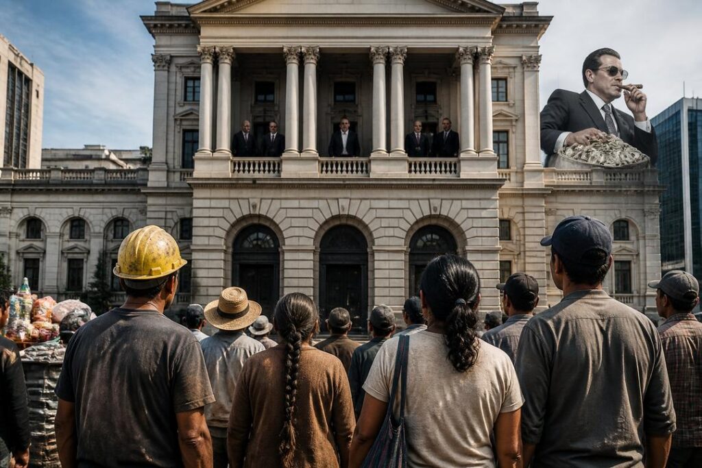 Trabajadores frente a un edificio público como símbolo de justicia fiscal