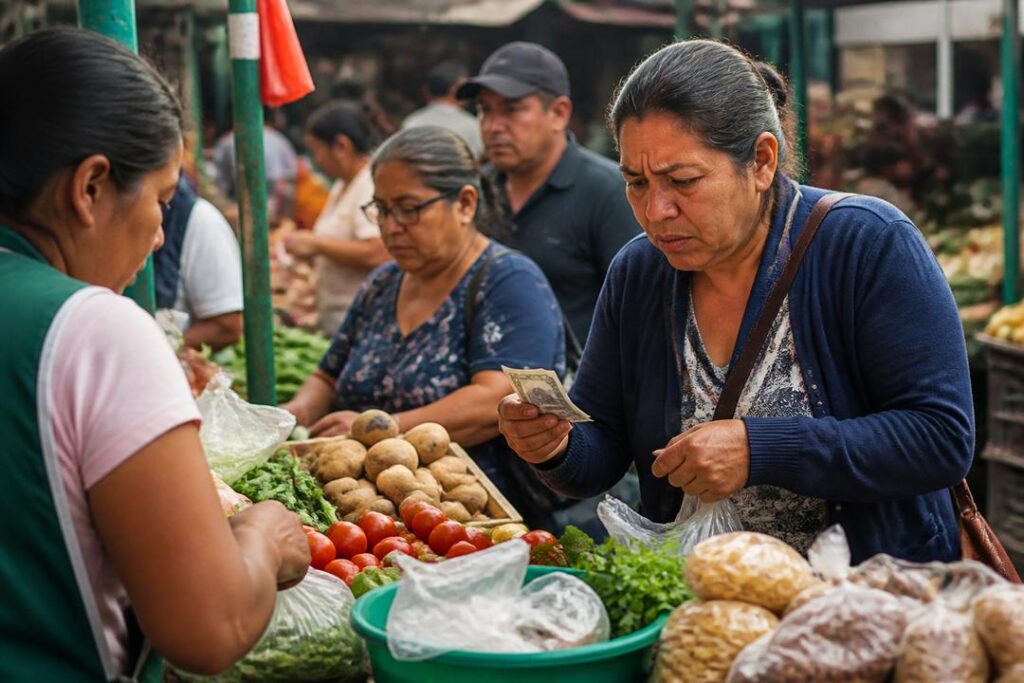 Personas comprando alimentos básicos en un mercado popular