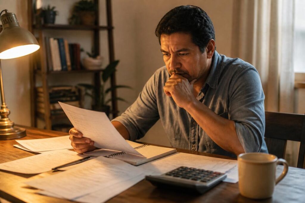 Trabajador revisando cuentas familiares en una mesa sencilla