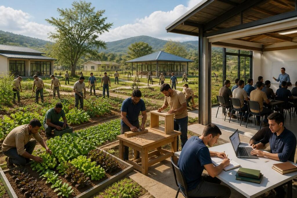 Reformatorio rural con talleres, aulas y campos agrícolas para la reinserción social