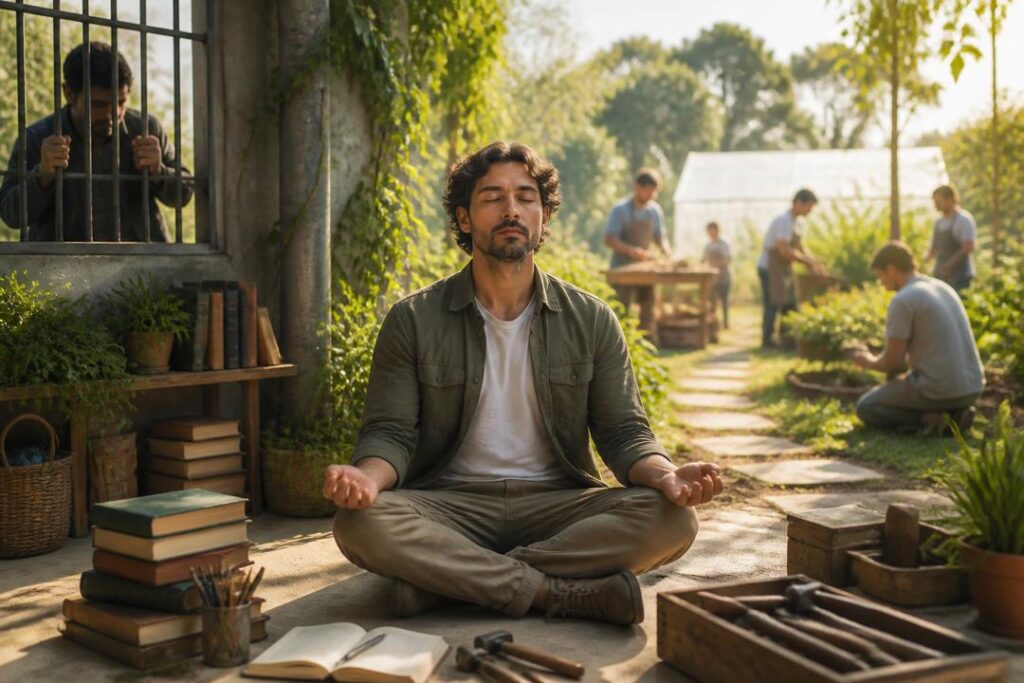 Persona meditando junto a libros y herramientas como símbolo de cambio consciente