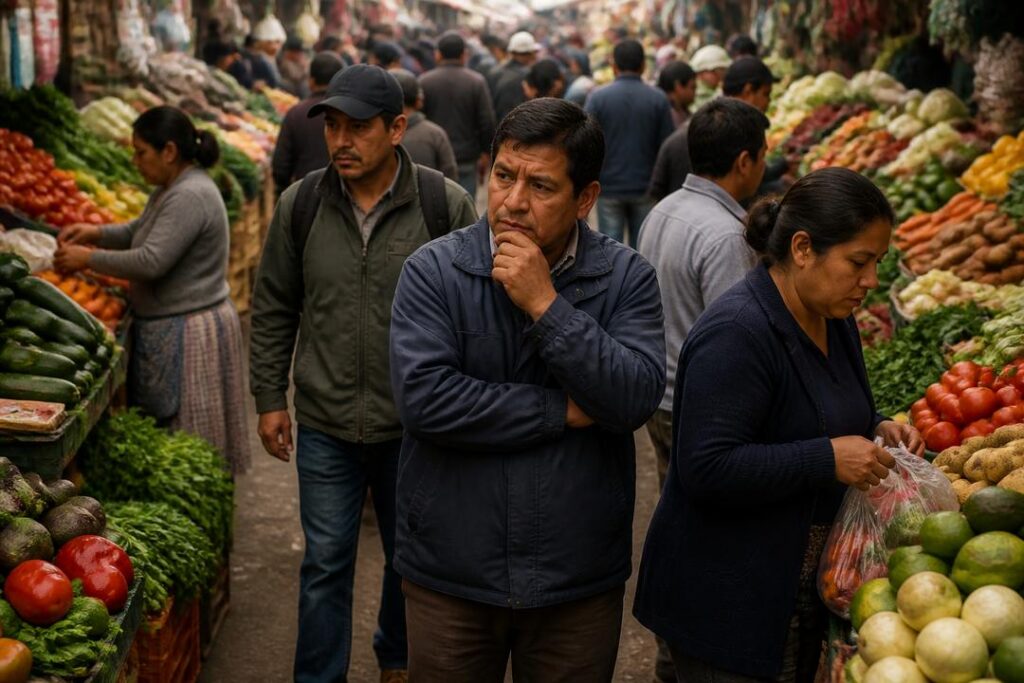 Trabajadores observan precios en un mercado popular afectado por la carestía