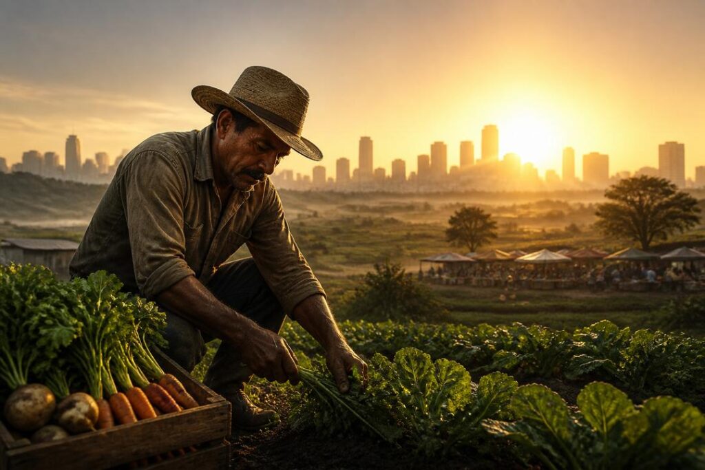 Agricultor cosecha alimentos como símbolo de trabajo humilde y justicia social