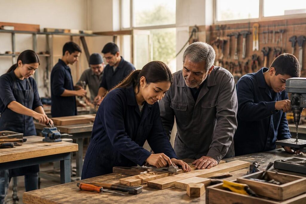Jóvenes aprendiendo oficios en un taller comunitario cooperativo