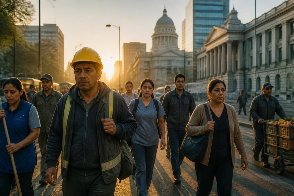 Trabajadores caminando frente a edificios públicos como símbolo de impuestos y justicia social