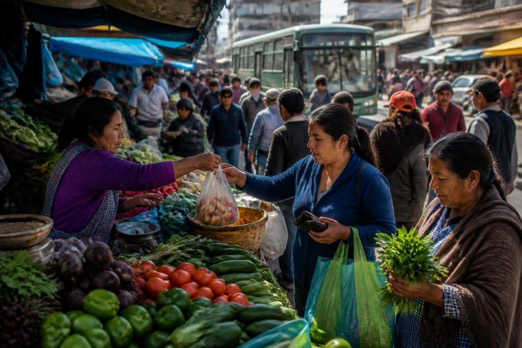 Mercado popular donde las familias compran productos básicos afectados por impuestos indirectos