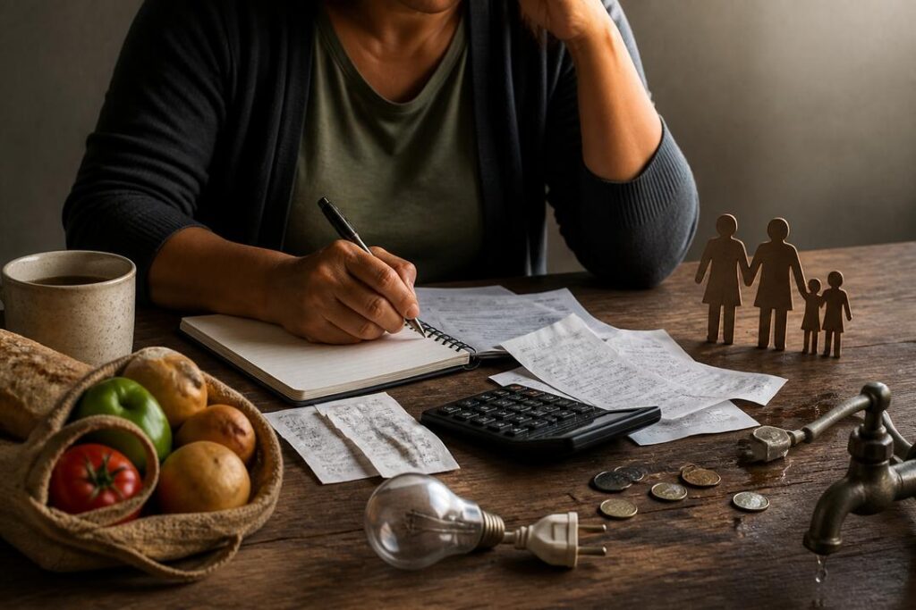 Manos revisando gastos familiares junto a herramientas de trabajo como símbolo de salario e impuestos directos