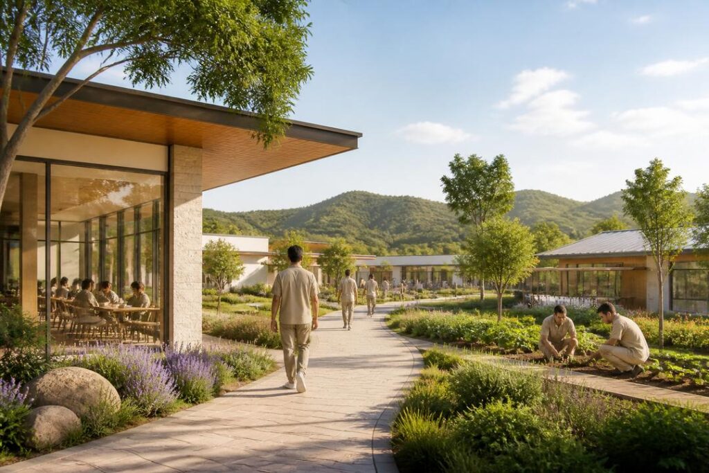 Reformatorio moderno rodeado de naturaleza como alternativa a la cárcel tradicional